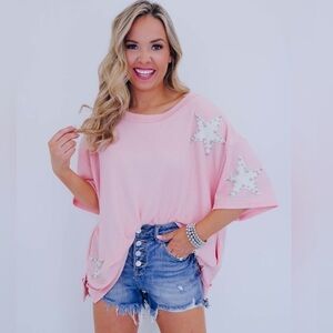 NWOT Blue Velvet Star Studded Embellished Pink Tunic Oversized June Adel Cotton